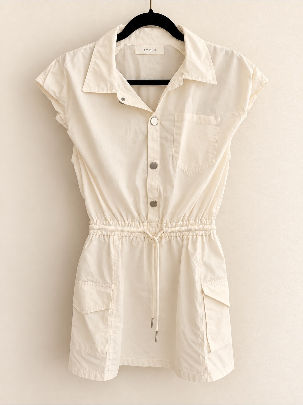 STYLE Ivory Cream Utility Cargo Shirt Dress Cinched Waist - Size Small
